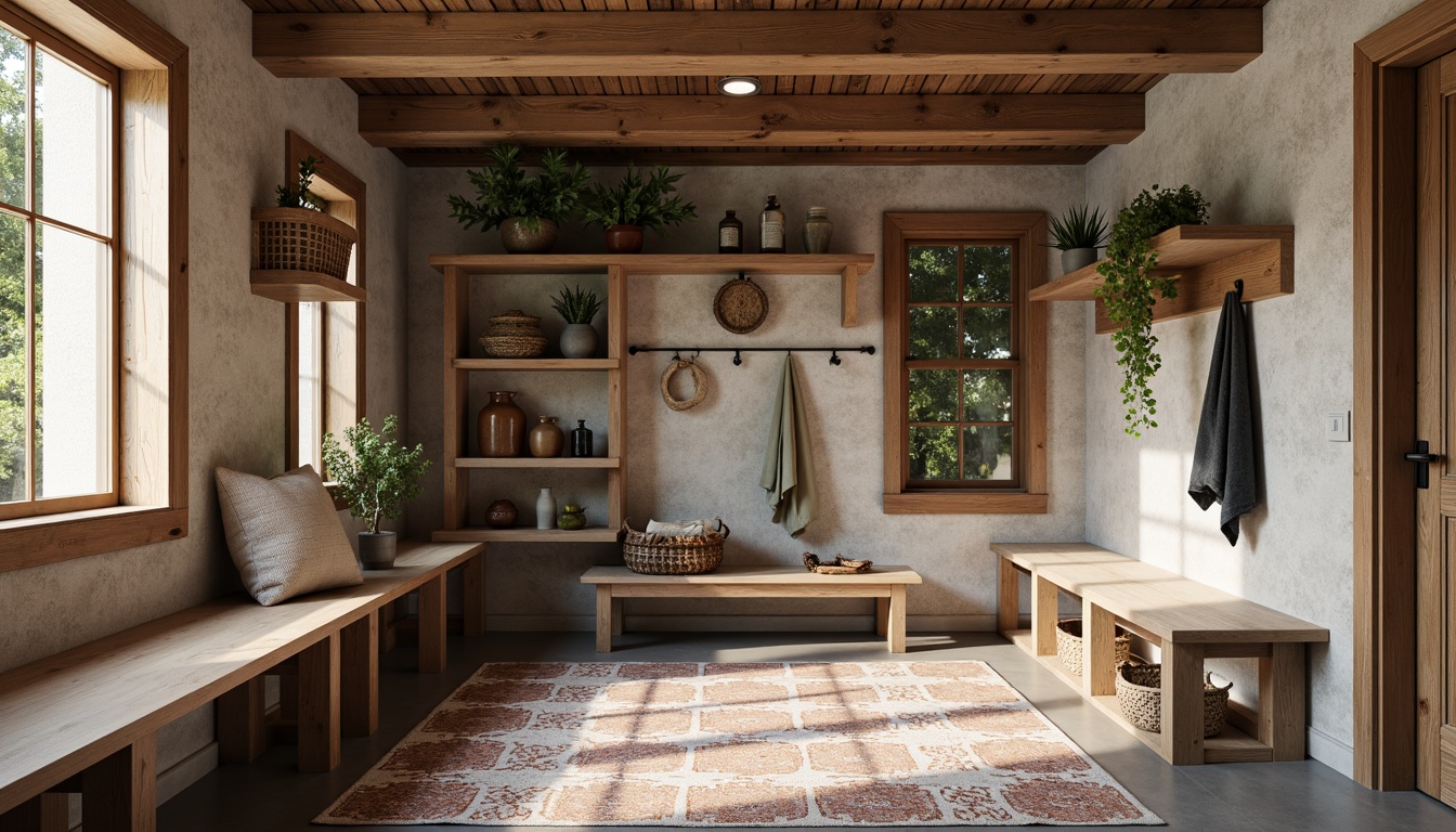 Prompt: Rustic mudroom, natural stone walls, reclaimed wood accents, earthy color palette, woven baskets, industrial metal shelves, concrete flooring, geometric patterned rugs, modern minimalist decor, functional storage benches, wall-mounted hooks, built-in cubbies, soft warm lighting, shallow depth of field, 3/4 composition, realistic textures, ambient occlusion.