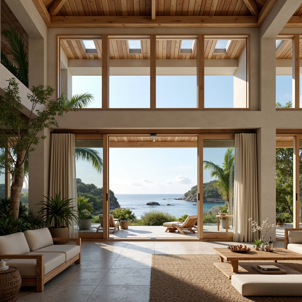 Prompt: Coastal style building, open floor plan, sliding glass doors, natural wood accents, woven textiles, ocean-inspired color palette, driftwood furniture, potted palm trees, indoor-outdoor flow, seamless transitions, large windows, clerestory windows, high ceilings, skylights, soft warm lighting, 1/1 composition, symmetrical balance, airy atmosphere, beachy vibe, natural stone flooring, woven seagrass rugs, coral-inspired decorative accents, shell-shaped decor, ocean-breeze sound effects.