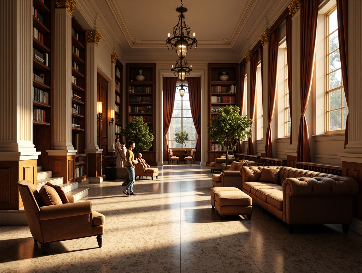 Prompt: Elegant campus buildings, neoclassical architecture, ornate columns, carved wooden doors, grand staircases, polished marble floors, luxurious leather sofas, vintage-inspired armchairs, rich velvet drapes, intricate moldings, classic bookshelves, sophisticated chandeliers, warm golden lighting, shallow depth of field, 1/1 composition, realistic textures, ambient occlusion.