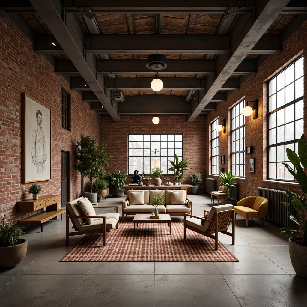 Prompt: Retro factory setting, exposed brick walls, polished concrete floors, industrial metal beams, minimalist decor, mid-century modern furniture, sleek wooden chairs, low-profile sofas, geometric-patterned rugs, vintage machinery, reclaimed wood accents, Edison bulb lighting, natural textiles, earthy color palette, warm atmospheric lighting, shallow depth of field, 2/3 composition, realistic textures, ambient occlusion.