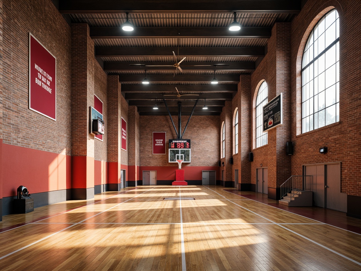 Prompt: Rustic gymnasium interior, textured walls, exposed brick surfaces, industrial-style metal beams, polished wooden floors, vibrant color accents, athletic equipment, basketball hoops, scoreboards, motivational quotes, large windows, natural daylight, soft warm lighting, shallow depth of field, 3/4 composition, panoramic view, realistic textures, ambient occlusion.