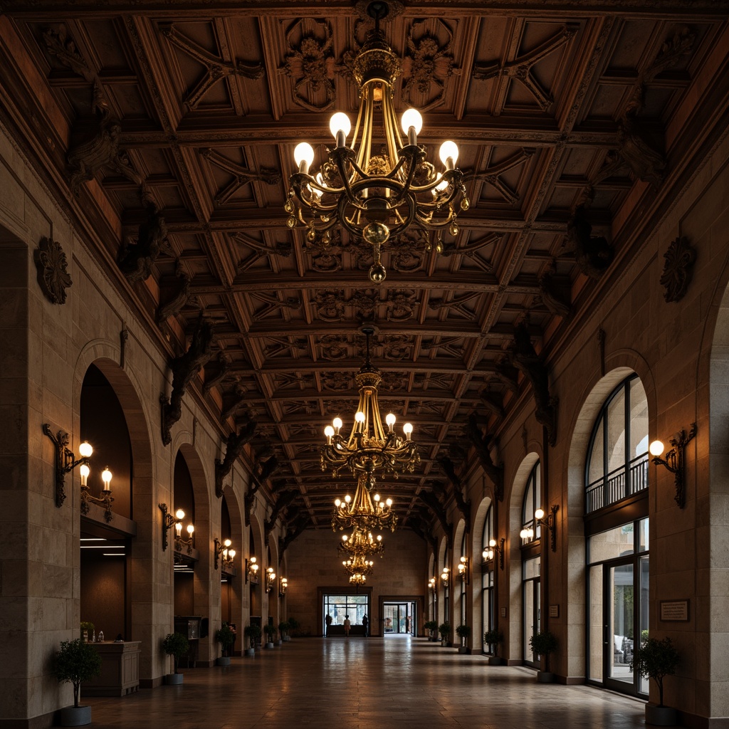 Prompt: Ornate chandeliers, grandiose lanterns, vintage bronze lighting, rustic ironwork, intricate metal details, ornamental plaster ceiling, classical archways, marble flooring, traditional brick walls, vaulted ceilings, imposing stone columns, nostalgic ambiance, soft warm glow, dramatic high contrast lighting, realistic textures, ambient occlusion.