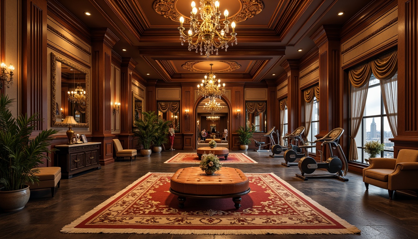 Prompt: Luxurious fitness club, rich wood tones, ornate carvings, gilded accents, velvet upholstery, tufted ottomans, intricately patterned rugs, grand chandeliers, Baroque-inspired mirrors, antique bronze fixtures, leather-bound equipment, regal color palette, majestic columns, high ceilings, natural stone flooring, dramatic archways, warm golden lighting, 1/1 composition, symmetrical arrangement, soft focus blur, realistic textures, ambient occlusion.