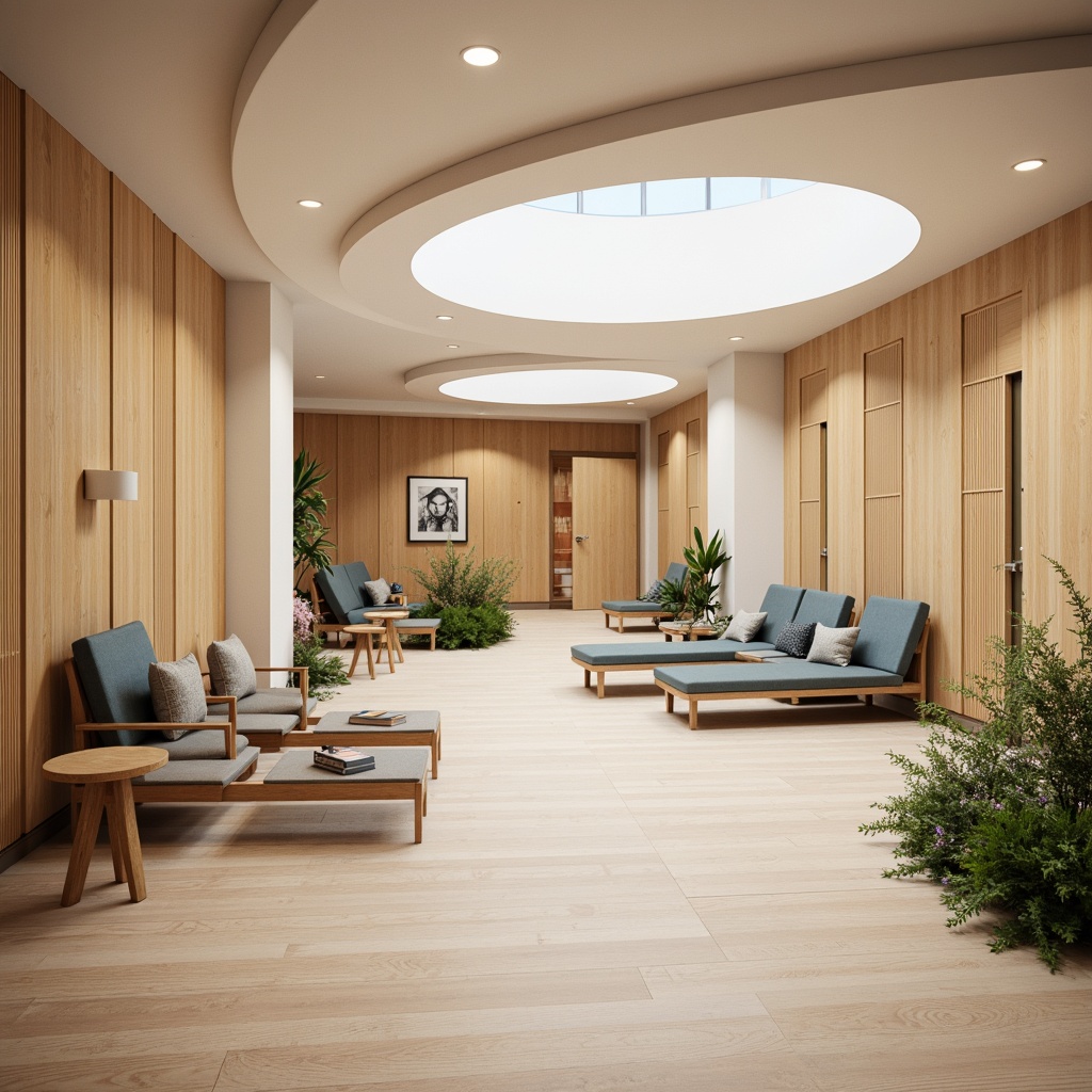 Prompt: Rehabilitation center interior, calming atmosphere, natural wood tones, comfortable seating areas, wheelchair-accessible pathways, therapy equipment, medical furniture, adjustable tables, ergonomic chairs, pastel color schemes, soft indirect lighting, minimal decor, plants and greenery, acoustic panels, sound-absorbing materials, spacious corridors, clear signage, easy navigation, circular layout, 1/2 composition, warm neutral colors, shallow depth of field.