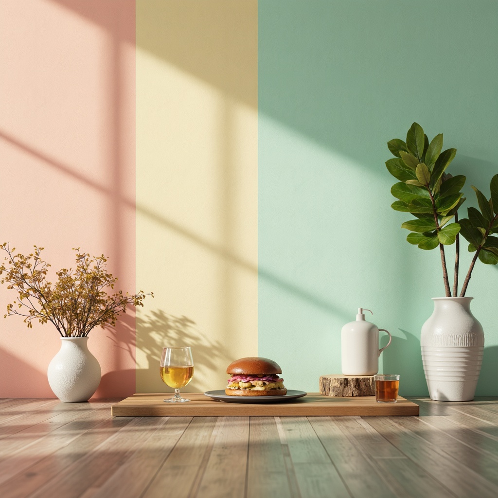 Prompt: Vibrant pastel hues, soft peach tones, calming mint greens, rich charcoal grays, creamy whites, natural wood textures, subtle gradient effects, warm golden lighting, shallow depth of field, 1/1 composition, realistic reflections, ambient occlusion.