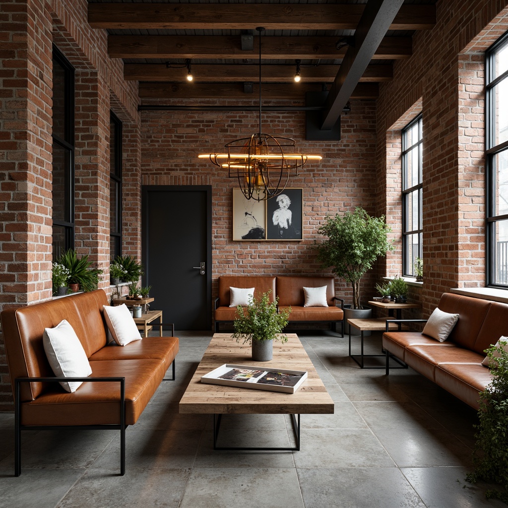 Prompt: Rustic metal frames, reclaimed wood accents, vintage leather upholstery, exposed brick walls, industrial-chic lighting fixtures, metal grid shelves, minimalist coffee tables, distressed wood benches, urban loft atmosphere, natural stone flooring, earthy color palette, warm ambient lighting, shallow depth of field, 1/1 composition, realistic textures, soft focus effect.