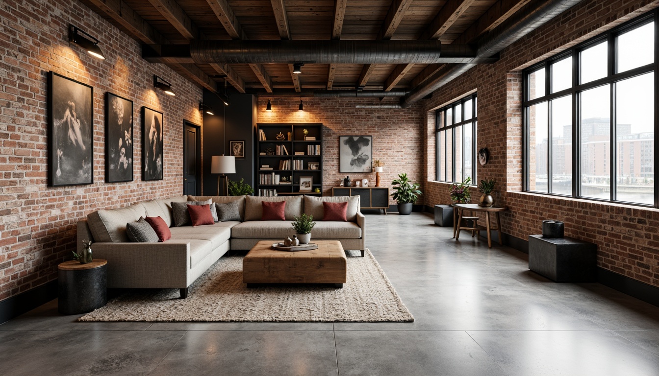 Prompt: Exposed brick walls, industrial chic decor, polished concrete floors, metallic accents, reclaimed wood planks, distressed finishes, urban loft atmosphere, high ceilings, large windows, cityscape views, modern minimalist furniture, steel beams, exposed ductwork, Edison bulb lighting, matte black fixtures, raw concrete texture, industrial-style rugs, functional shelving units, eclectic decorative pieces.