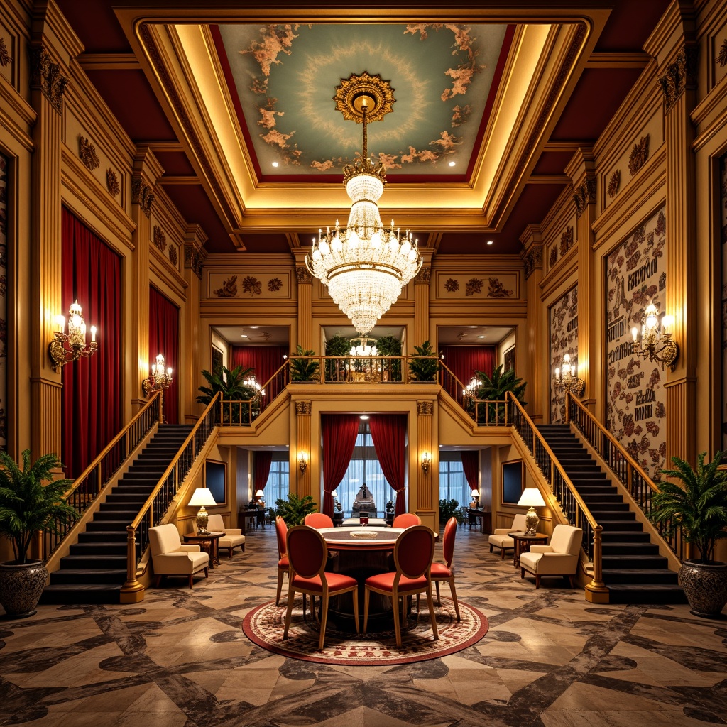 Prompt: Luxurious casino interior, ornate golden accents, intricate moldings, grandiose crystal chandeliers, lavish velvet drapes, richly polished marble floors, classic Corinthian columns, opulent fresco ceilings, majestic staircases, extravagant furnishings, elaborate carvings, sophisticated lighting fixtures, warm ambient glow, shallow depth of field, 1/1 composition, realistic textures, ambient occlusion.