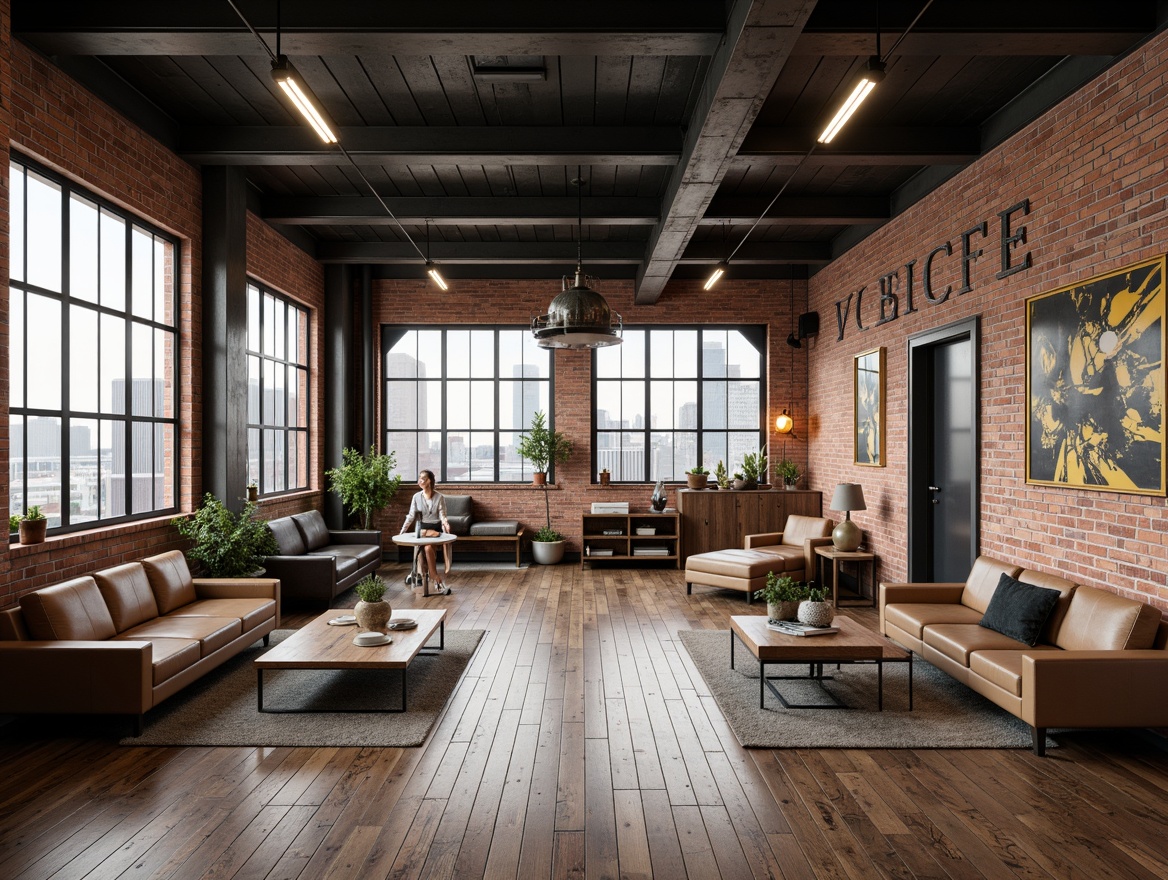 Prompt: Exposed brick walls, industrial metal beams, reclaimed wooden floors, minimalist furniture, functional lighting fixtures, geometric shapes, primary color accents, bold typography, urban cityscape views, large factory-style windows, concrete columns, mechanical pipes, distressed leather upholstery, vintage machinery parts, Edison bulb pendant lights, metallic surfaces, raw unfinished textures, high contrast monochromatic color scheme, 1/1 composition, dramatic low-key lighting.