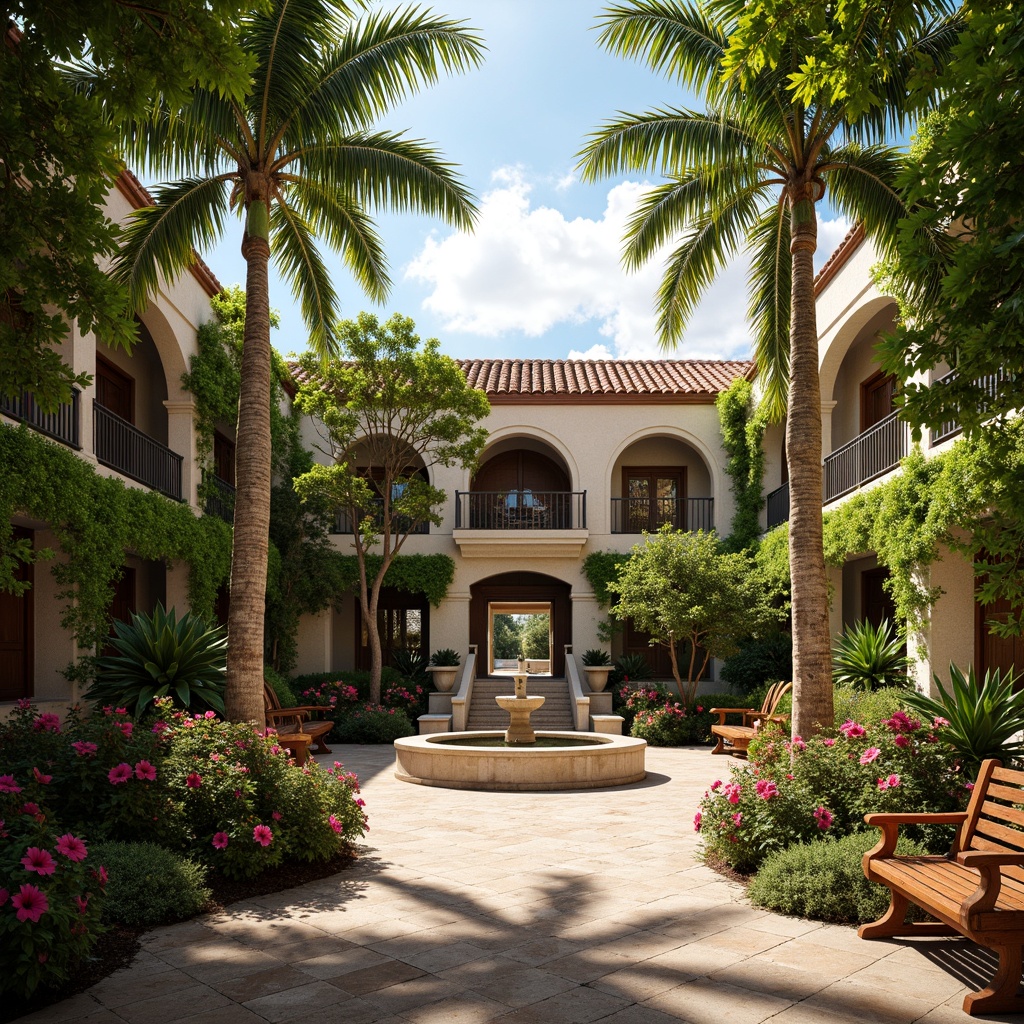 Prompt: Lush tropical courtyard, vibrant palm trees, colorful hibiscus flowers, natural stone pathways, wooden benches, ornate metal railings, grand staircase, elegant fountain, warm sunny day, soft diffused lighting, shallow depth of field, 3/4 composition, panoramic view, realistic textures, ambient occlusion, historic courthouse building, colonial architecture, stucco walls, clay roof tiles, arched windows, intricate stone carvings, lush greenery walls, exotic plant species, tropical fruit trees, serene ambiance.