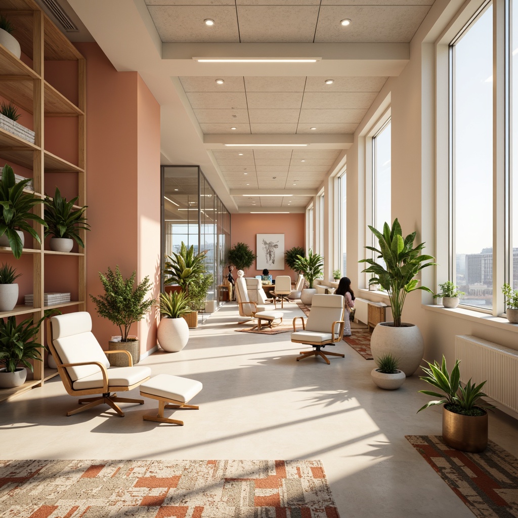 Prompt: Modern office space, calm atmosphere, pastel color palette, soft peach walls, creamy white furniture, rich wood accents, subtle metallic tones, natural textiles, geometric patterns, ergonomic chairs, minimalist desks, abundant greenery, floor-to-ceiling windows, warm afternoon lighting, shallow depth of field, 2/3 composition, realistic textures, ambient occlusion.