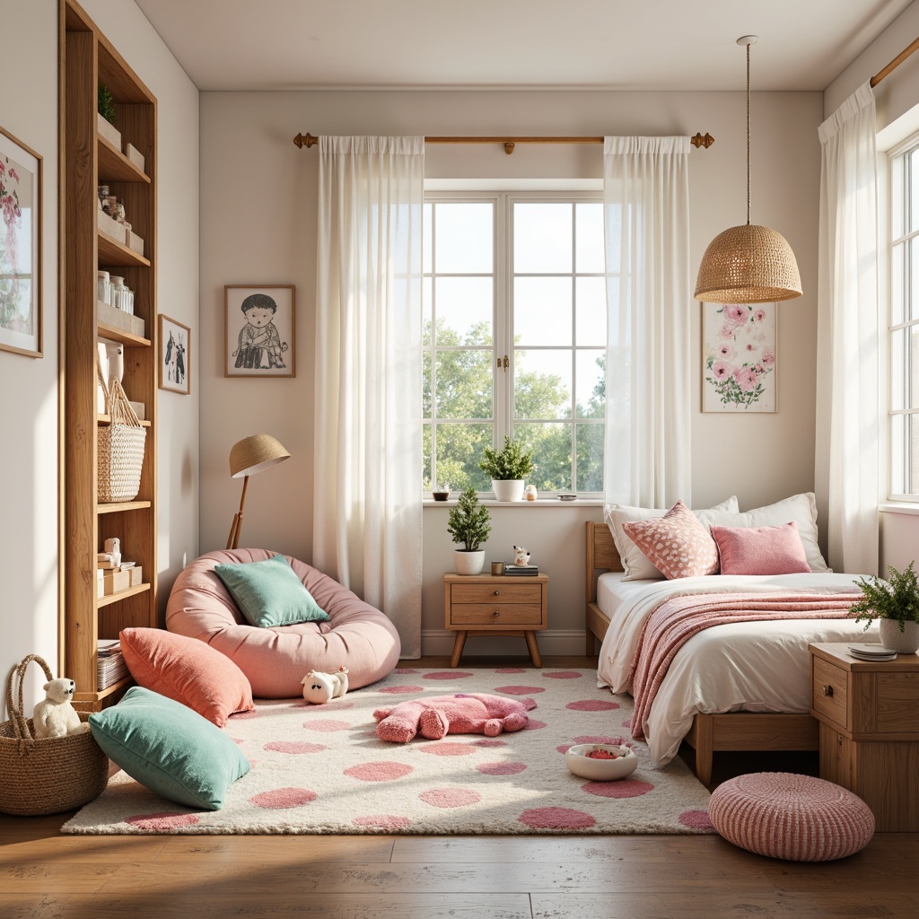 Prompt: Whimsical children's bedroom, soft plush toys, vibrant colorful fabrics, cozy throw blankets, playful polka dots, gentle pastel hues, cotton candy-inspired decor, sweet fairy lights, snug reading nooks, comfortable bean bags, fun patterned rugs, lively wallpaper borders, cheerful storage baskets, sturdy wooden furniture, natural oak textures, warm beige tones, creamy white accents, softbox lighting, 1/1 composition, intimate atmosphere, inviting textures.