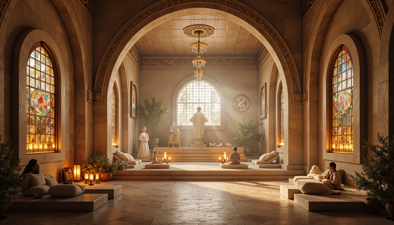 Prompt: Ethereal temple, intricate carvings, soft warm glow, candles, lanterns, stained glass windows, ornate chandeliers, suspended light fixtures, LED ambient lighting, misty atmosphere, natural stone walls, wooden accents, sacred symbols, peaceful ambiance, serene meditation areas, gentle color palette, warm beige tones, soft shadows, 1/1 composition, realistic textures, subtle animations.