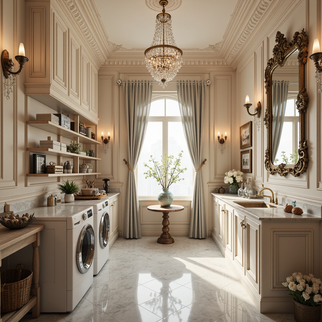 Prompt: Elegant laundry room, ornate furniture, soft pastel colors, delicate carvings, intricate moldings, crystal chandeliers, bronze sconces, candelabra-inspired lighting, lavish drapery, marble countertops, polished metal accents, Rococo-style mirrors, gentle warm glow, softbox lighting, subtle shadows, 1/1 composition, realistic reflections, ambient occlusion.