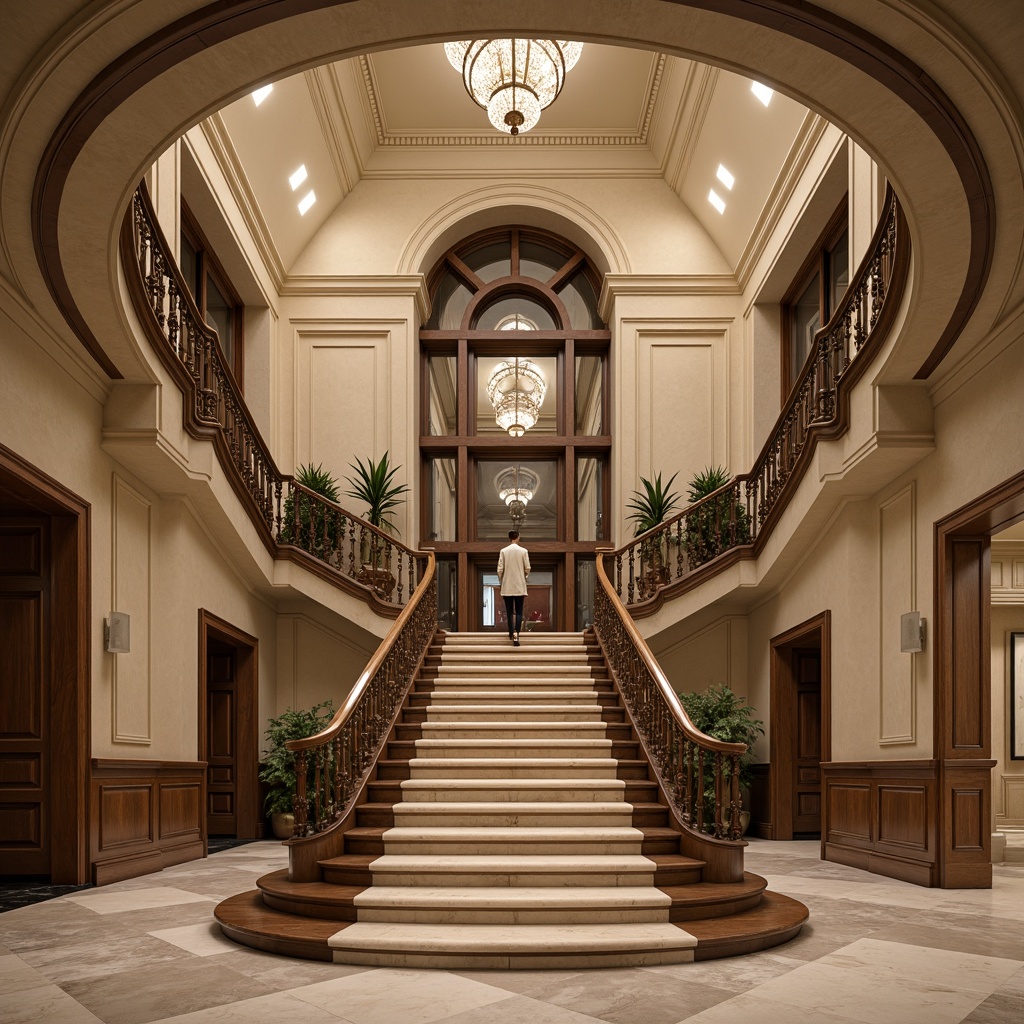 Prompt: Grand staircase, ornate balustrades, intricately carved wooden railings, polished marble steps, elegant newel posts, classical archways, symmetrical compositions, Corinthian columns, decorative moldings, subtle lighting effects, warm beige color palette, luxurious velvet upholstery, refined bronze fixtures, lavish crystal chandeliers, stately landing areas, ornamental metalwork, subtle texture gradations, realistic material reflections, shallow depth of field, 1/2 composition, classic perspective view.