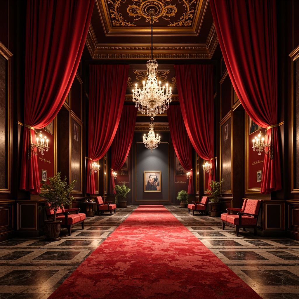 Prompt: Rich velvet drapes, ornate golden accents, luxurious crimson walls, opulent marble floors, lavish crystal chandeliers, sophisticated dark wood tones, refined bronze metalwork, glamorous red carpeting, dramatic spotlights, warm soft glow, 1/2 composition, cinematic atmosphere, detailed textures, ambient occlusion.