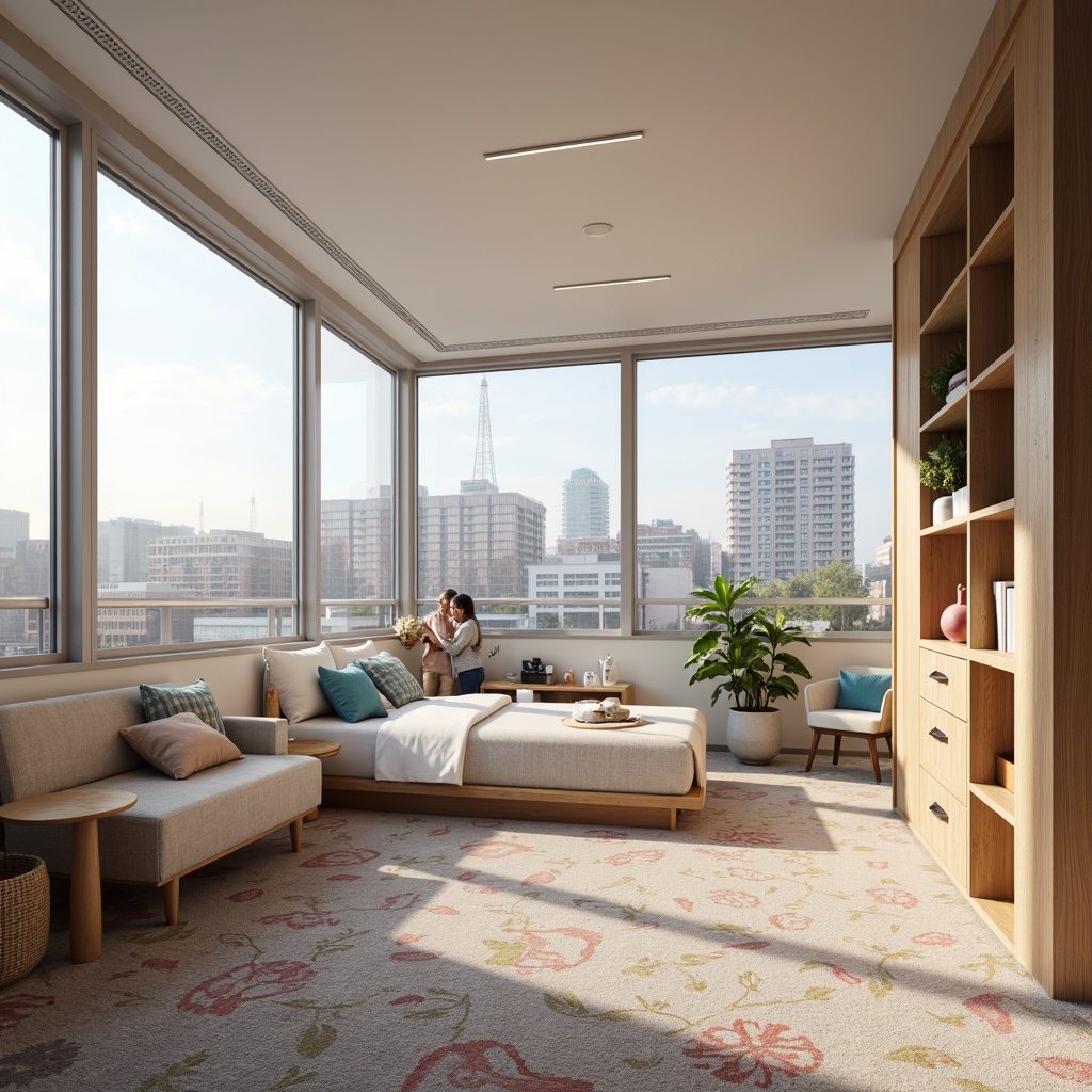 Prompt: Modern dormitory, minimalist decor, soft pastel colors, calming atmosphere, comfortable furniture, plush carpets, natural wood accents, industrial chic lighting, geometric patterns, Scandinavian-inspired design, cozy reading nooks, floor-to-ceiling windows, urban city views, warm sunny day, shallow depth of field, 1/1 composition, realistic textures, ambient occlusion.