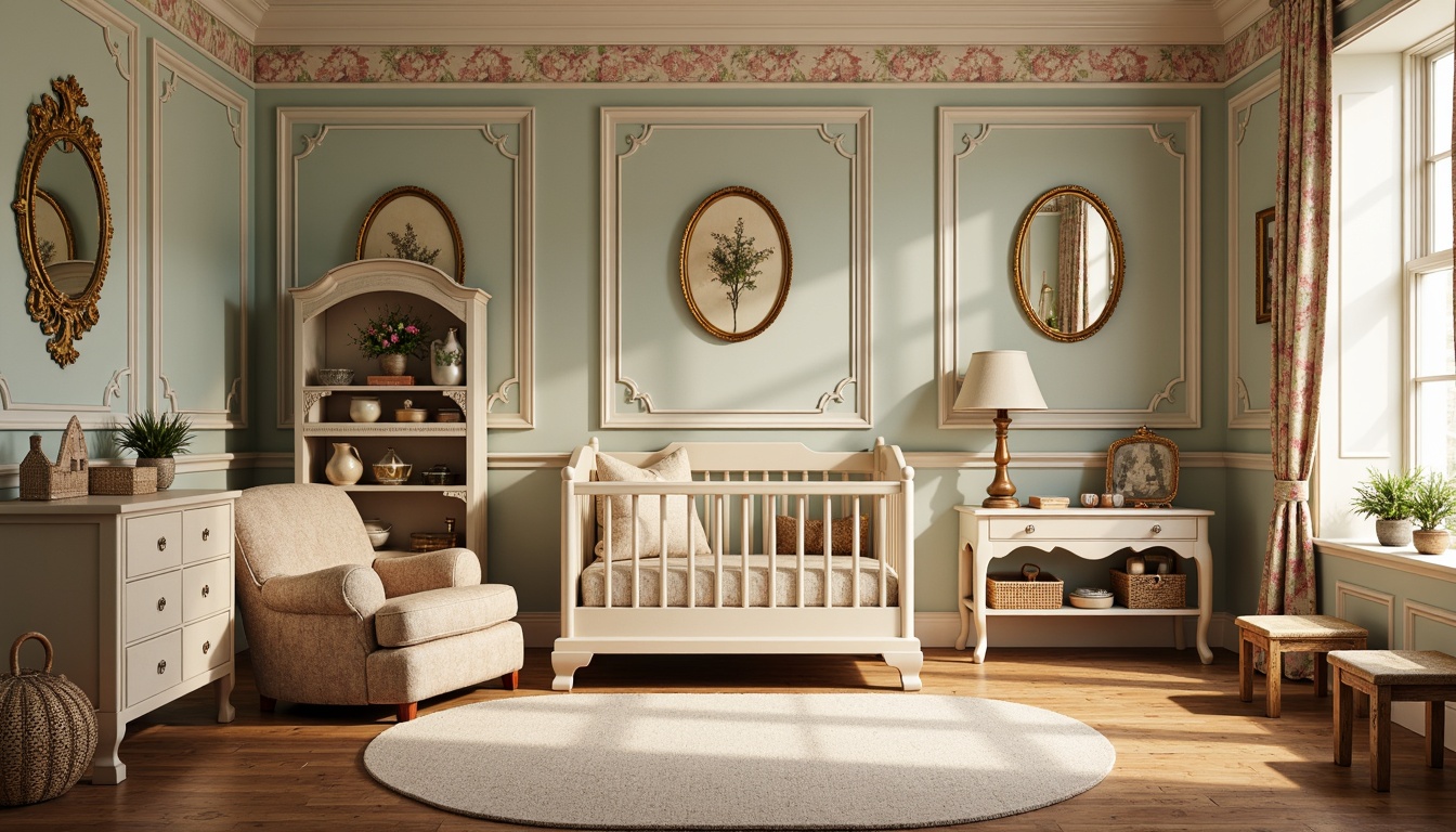 Prompt: Whimsical Victorian-style nursery, soft pastel colors, ornate moldings, floral patterns, textured wallpapers, vintage furniture, distressed finishes, eclectic accessories, playful toy displays, floor-to-ceiling drapery, billowy curtains, warm golden lighting, shallow depth of field, 1/1 composition, realistic textures, ambient occlusion.