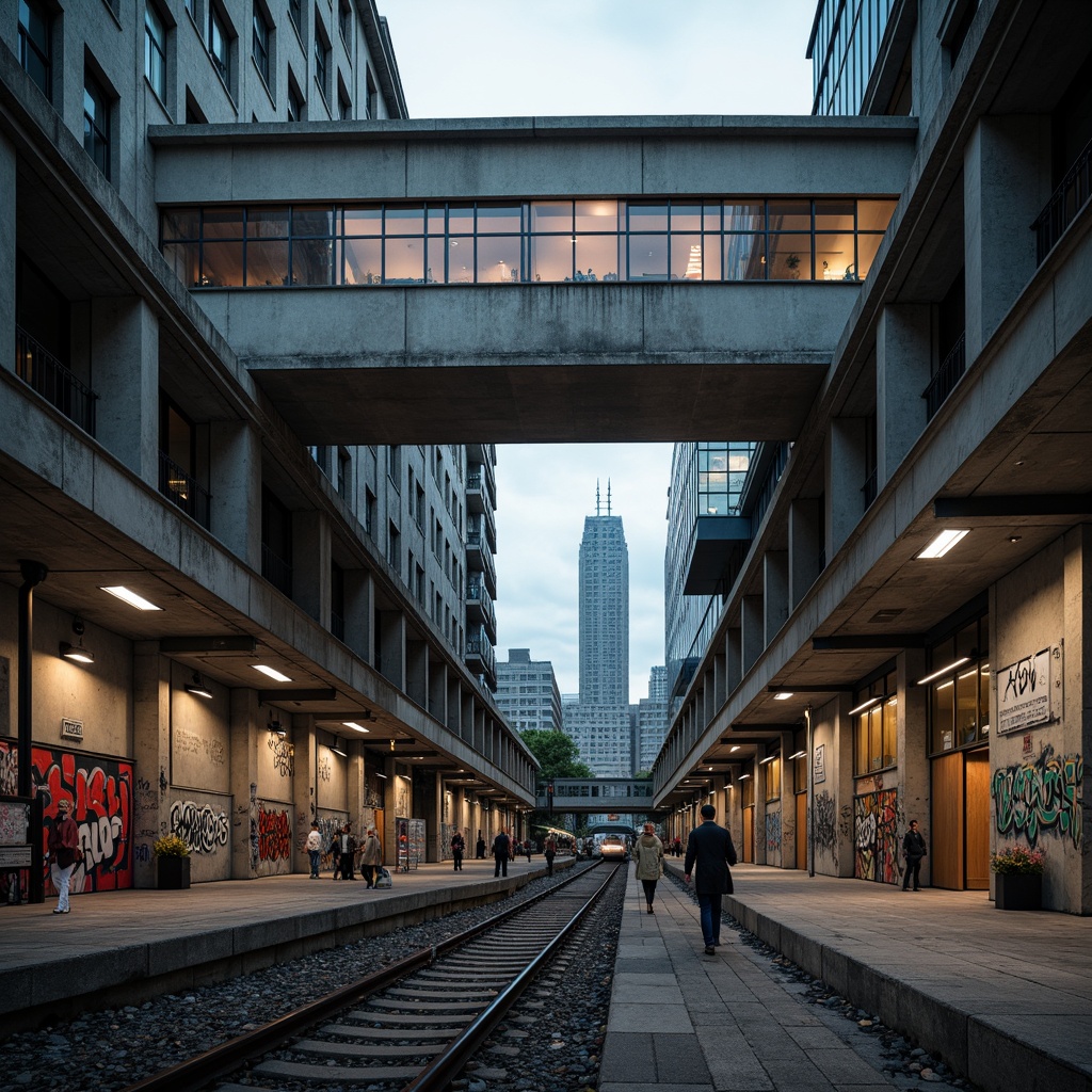 Prompt: Industrial brutalist train station, exposed concrete structures, rugged metal beams, urban cityscape, overcast sky, cold harsh lighting, muted color palette, weathered steel accents, distressed stone walls, functional modern architecture, angular forms, bold typography, graffiti-covered surfaces, dimly lit corridors, raw industrial textures, moody atmospheric effects, high contrast ratios, dramatic shadows, cinematic composition.