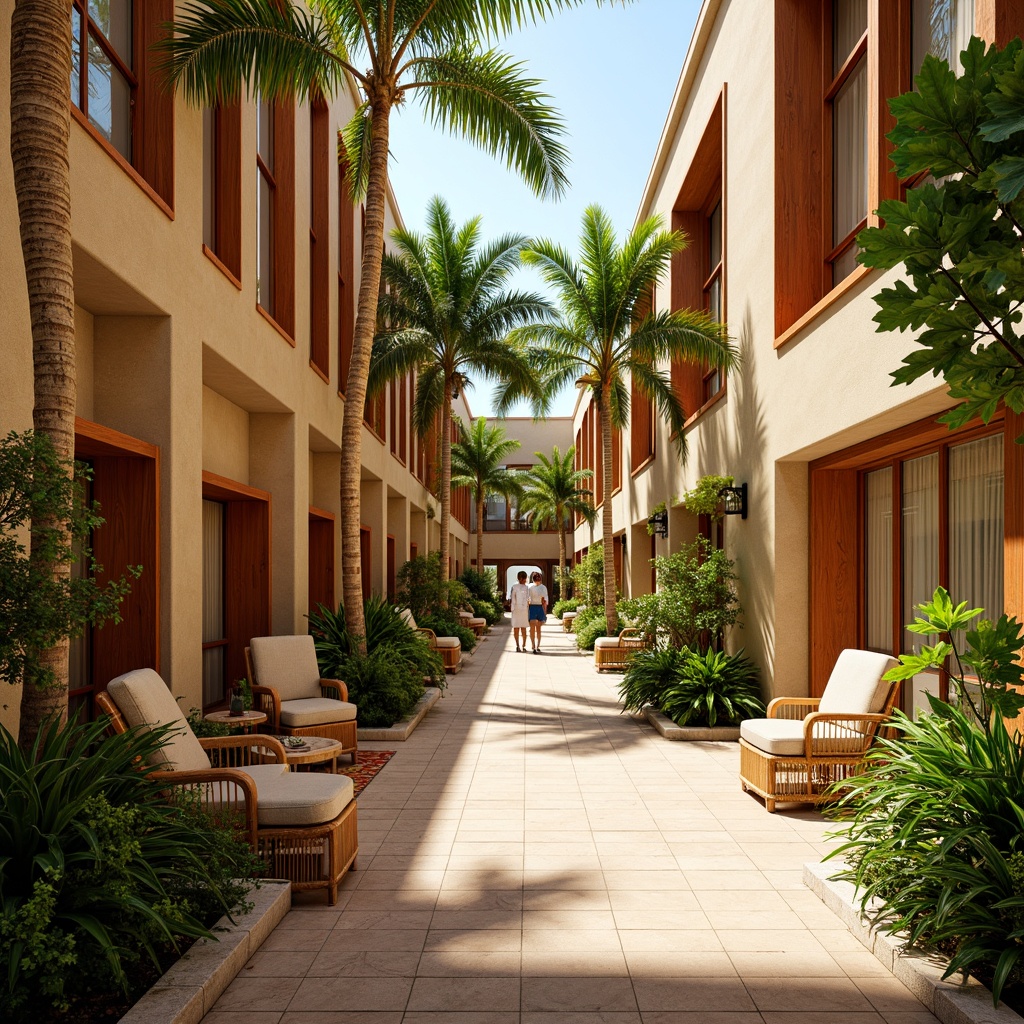 Prompt: Vibrant tropical hall, warm beige walls, rich wood accents, lush greenery, exotic floral patterns, bold coral hues, soothing turquoise tones, natural textiles, woven rattan furniture, elegant palm trees, dramatic ceiling heights, spacious open layout, bright sunny day, soft warm lighting, 3/4 composition, panoramic view, realistic textures, ambient occlusion.