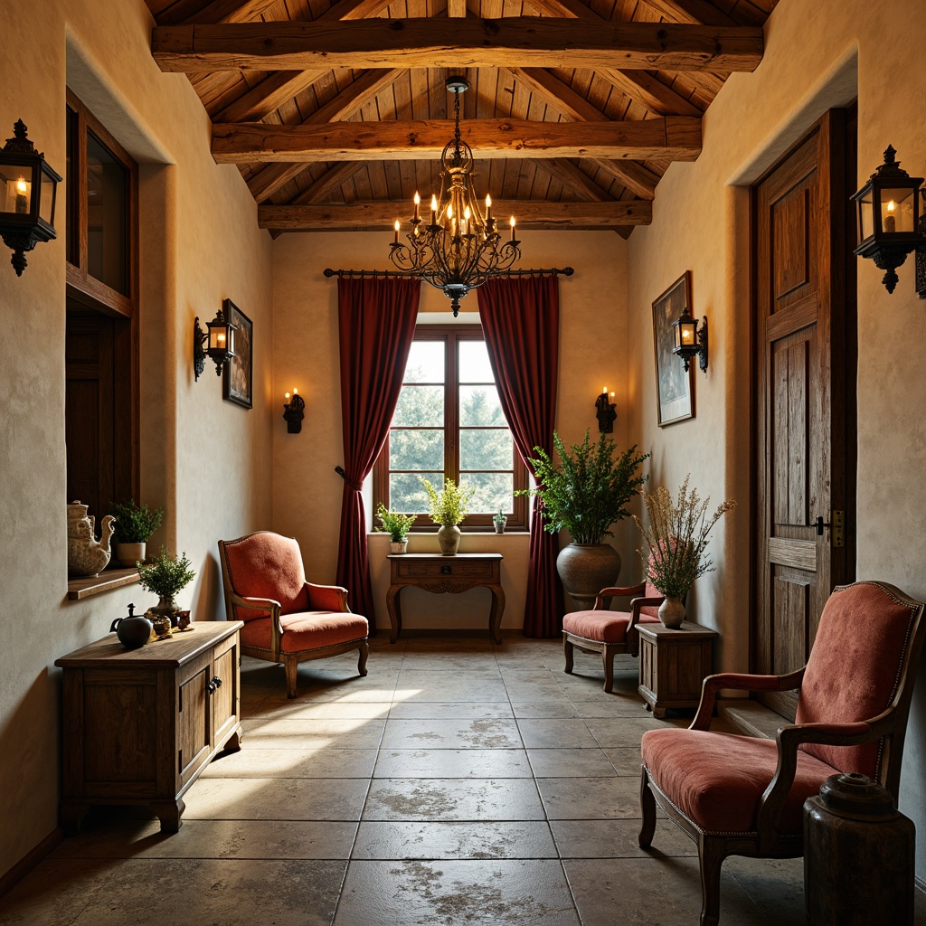 Prompt: Rustic mudroom, Renaissance-inspired decor, warm beige walls, distressed wood accents, ornate metal fixtures, vintage-style lanterns, soft warm lighting, candlelit ambiance, rich velvet fabrics, antique furniture pieces, natural stone flooring, earthy color palette, dramatic ceiling heights, grand chandelier, warm golden lighting, layered window treatments, Romanesque archways, elegant crown molding, refined decorative trims.