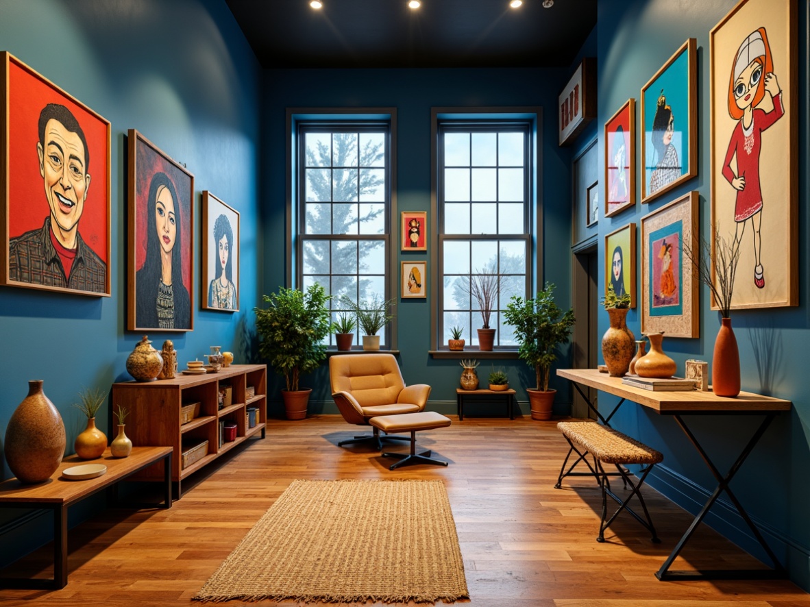 Prompt: Vibrant art studio, Prussian blue accent walls, golden wooden floors, eclectic artwork displays, abstract expressionist paintings, colorful ceramic vases, industrial metal tables, modern minimalist chairs, natural fiber rugs, warm softbox lighting, 1/1 composition, intimate atmospheric perspective, rich textures, subtle ambient occlusion.