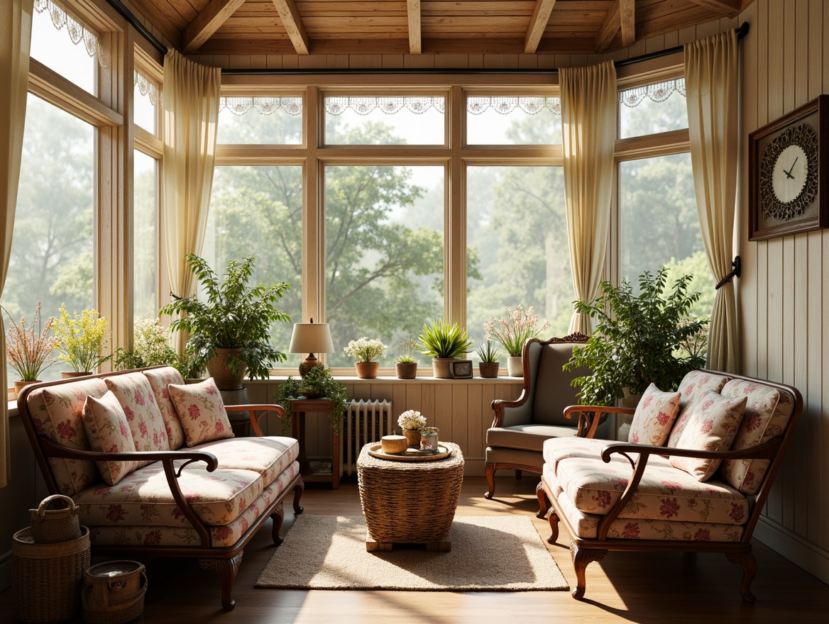 Prompt: Vintage sunroom, distressed wood accents, soft pastel hues, lace curtains, floral patterns, ruffled fabrics, plush velvet sofas, ornate metal frames, rustic wooden furniture, natural woven baskets, vintage decorative items, warm golden lighting, shallow depth of field, 1/1 composition, cozy atmosphere, realistic textures, ambient occlusion.