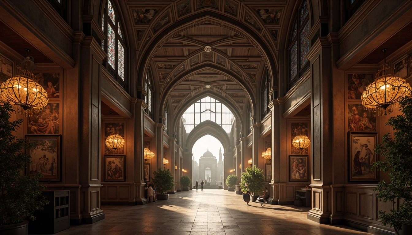 Prompt: Grand gallery entrance, ornate archways, ribbed vaults, pointed Gothic windows, stained glass, intricate stone carvings, flying buttresses, grandiose chandeliers, polished marble floors, rich tapestries, mystical ambiance, warm soft lighting, high contrast ratio, dramatic shadows, 1/1 composition, symmetrical framing, vivid textures, atmospheric fog.