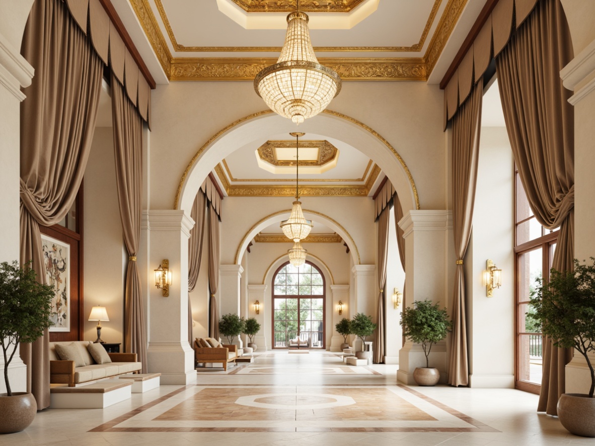 Prompt: \Elegant pavilion interior, soft creamy whites, warm beige tones, rich walnut wood accents, ornate golden fixtures, velvet drapes, subtle floral patterns, classical columns, curved archways, high ceilings, large crystal chandeliers, luxurious marble floors, ambient warm lighting, shallow depth of field, 1/1 composition, realistic textures, atmospheric perspective.\