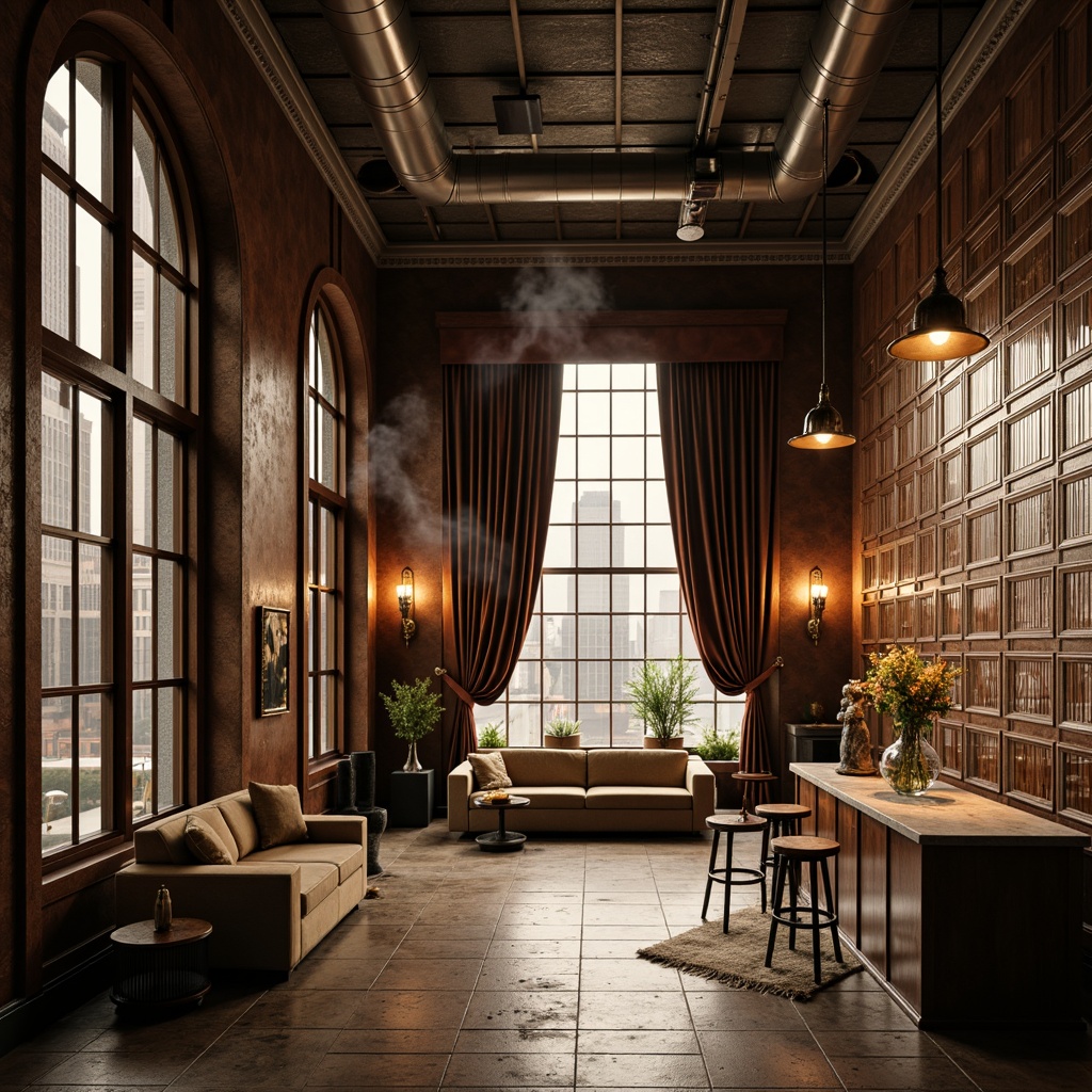 Prompt: Richly textured walls, metallic accents, geometric patterned tiles, industrial chic exposed ductwork, polished concrete floors, reclaimed wood panels, vintage factory windows, ornate metal railings, luxurious velvet drapes, dramatic floor lamps, atmospheric smoke effects, warm golden lighting, 1/2 composition, cinematic close-up shots, detailed textures, high-contrast rendering.