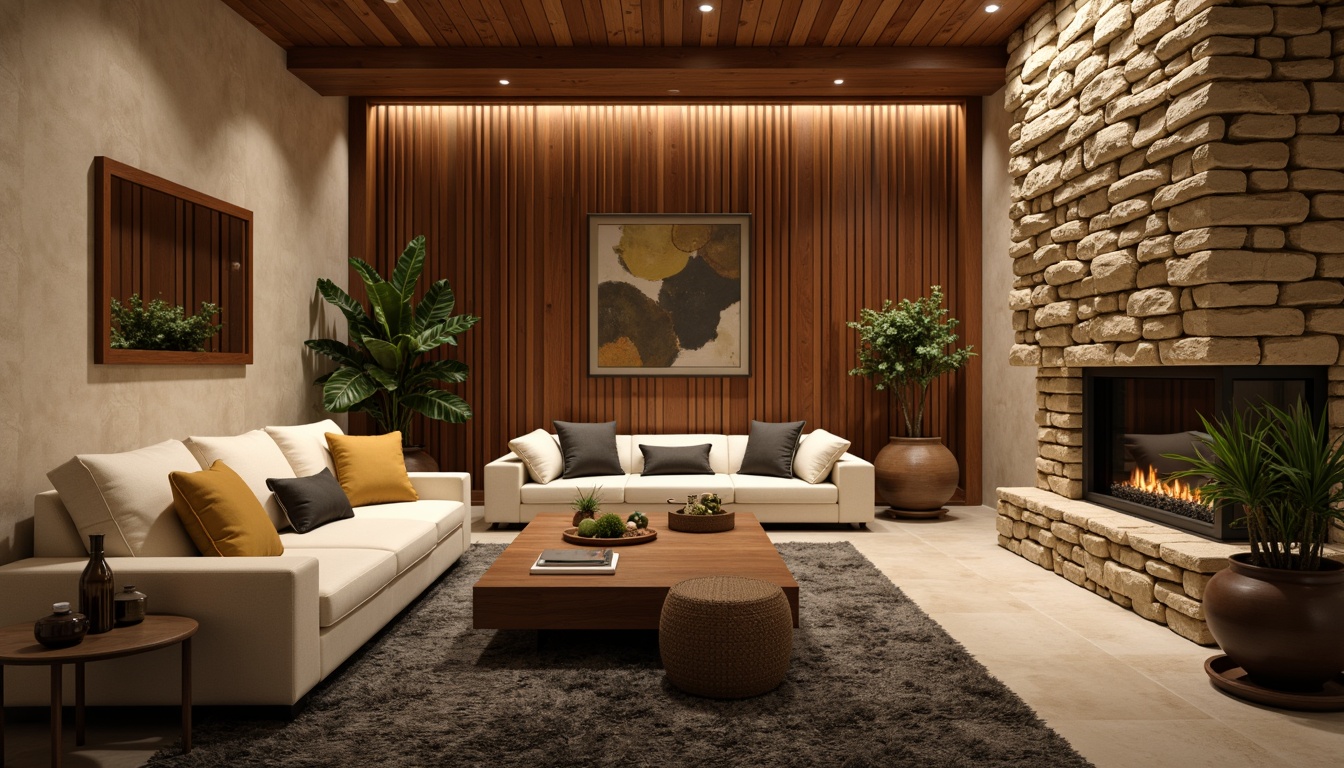 Prompt: Cozy basement atmosphere, warm beige walls, rich walnut wood accents, soft cream-colored furniture, plush dark gray carpets, ambient warm lighting, comfortable seating areas, natural stone features, earthy terracotta pots, lush greenery, calming water feature sounds, serene color scheme, 1/1 composition, shallow depth of field, realistic textures.