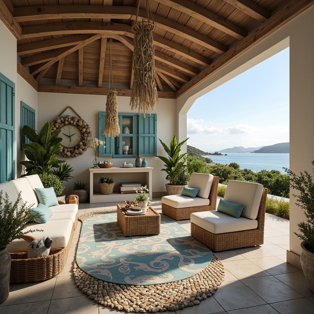 Prompt: Seaside villa, beachy vibe, distressed wood furniture, ocean-blue accents, natural textiles, woven wicker chairs, driftwood decor, nautical ropes, shells, pebbles, sea-glass chandeliers, soft sandy neutrals, calming turquoise hues, rustic metal frames, coral-patterned rugs, weathered wooden shutters, tropical plants, sunny afternoon, warm golden lighting, shallow depth of field, 1/1 composition, realistic ocean views.