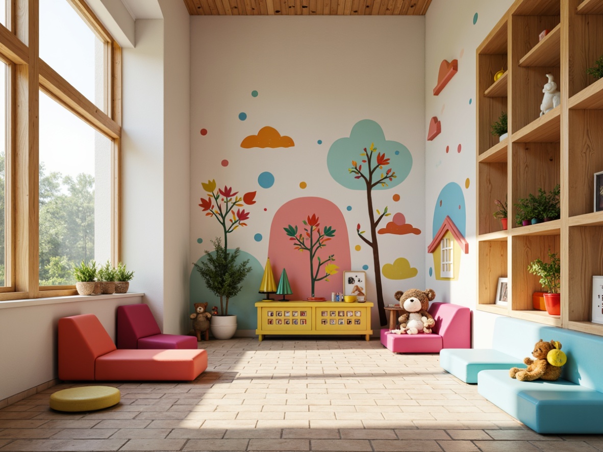 Prompt: Vibrant kindergarten walls, playful polka dot textures, soft pastel colors, whimsical hand-painted murals, irregularly shaped bricks, colorful ceramic tiles, natural stone accents, interactive sensory panels, tactile 3D elements, educational alphabet and number displays, cheerful cloud-shaped shelves, warm wooden trim, cozy reading nooks, flexible seating areas, stimulating color contrasts, shallow depth of field, 1/2 composition, softbox lighting, realistic material rendering.