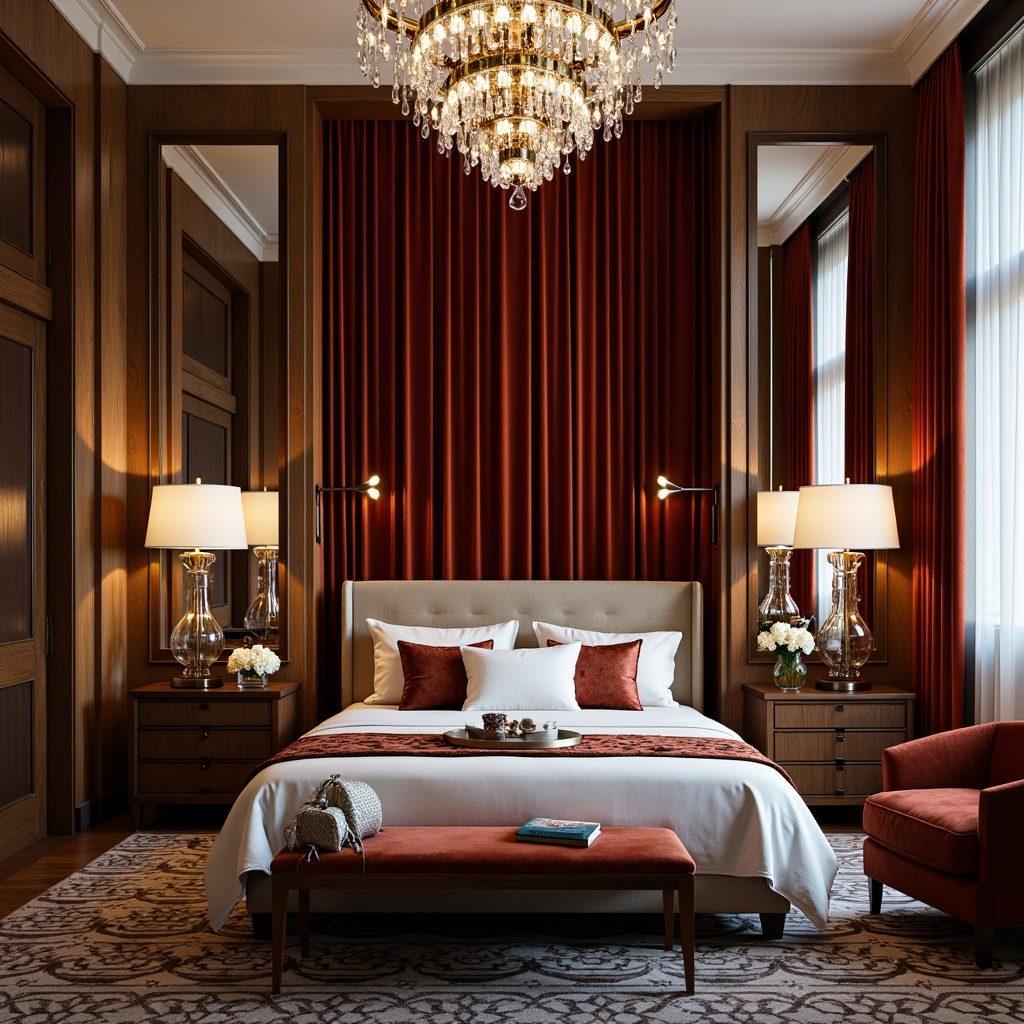 Prompt: Luxurious bedroom, opulent chandelier, crystal pendant lights, metallic sconces, ornate lamp shades, velvet drapes, rich wood paneling, geometric patterned rug, lavish bedding, art deco inspired furniture, glamorous mirrors, soft warm glow, dramatic shadows, 1/1 composition, low-key lighting, realistic textures.