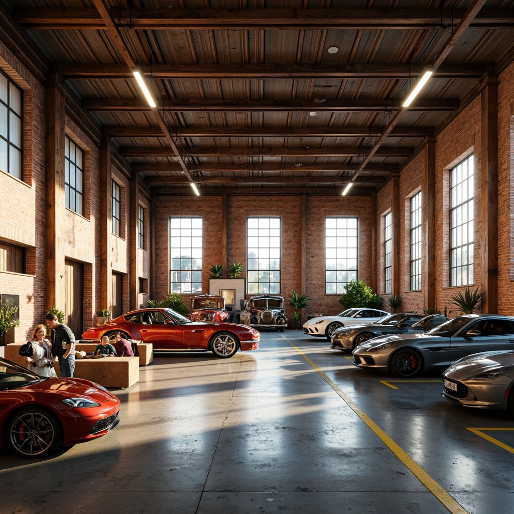 Prompt: Industrial-style garage, exposed brick walls, metal beams, polished concrete floors, warm golden lighting, rustic wooden accents, vintage car displays, sleek modern machinery, earthy tones, muted blues, deep reds, creamy whites, soft grays, natural textures, distressed finishes, urban loft atmosphere, morning sunlight, subtle shadows, 1/1 composition, realistic rendering.