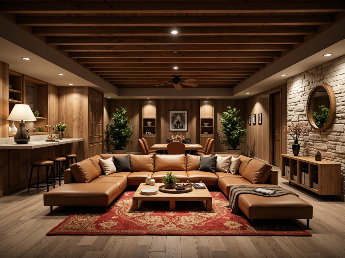 Prompt: Cozy basement, warm ambient lighting, plush area rugs, comfortable sectional sofas, reclaimed wood coffee tables, industrial metal chairs, rustic stone walls, dimmable table lamps, rich leather upholstery, wooden accent walls, modern minimalist decor, spacious open layout, functional storage units, soft warm color palette, 1/1 composition, realistic textures, ambient occlusion.