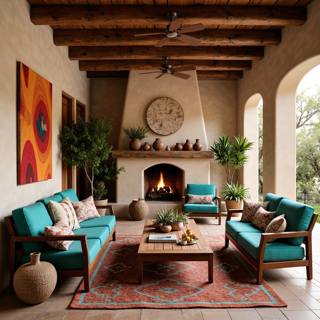 Prompt: Vibrant turquoise accents, rustic wooden furniture, woven Native American patterned rugs, earthy terracotta pottery, colorful Aztec-inspired textiles, natural woven baskets, distressed wood beams, plush southwestern-style upholstery, warm golden lighting, cozy fireplace nooks, adobe-style architectural details, geometric patterned tiles, bold red and orange hues, statement pieces of abstract art, ornate metalwork fixtures, soft suede fabrics, earthy scented candles, organic natural materials, eclectic global-inspired decor.