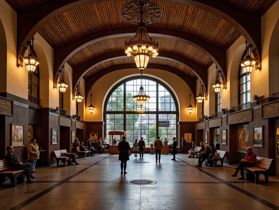 Prompt: Grand metro station, ornate chandeliers, bronze lanterns, vintage ironwork, elegant pendant lights, traditional archways, stone columns, rustic brick walls, high ceilings, intricate moldings, warm golden lighting, soft shadows, dramatic spotlights, ornamental railings, classic wooden benches, historic ambiance, busy urban atmosphere, 1/2 composition, natural textures, realistic reflections.