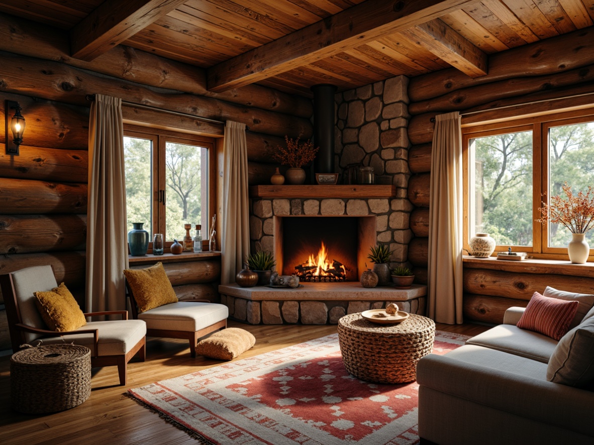 Prompt: Warm cabin, wooden accents, natural stone walls, plush area rugs, comfortable sofas, crackling fireplace, soft warm lighting, rich wood tones, earthy color palette, woven baskets, vintage decorative items, distressed wood finishes, cozy nooks, inviting atmosphere, rustic charm, autumnal colors, layered textiles, tactile materials, organic shapes, 1/1 composition, intimate framing, soft focus, realistic textures.