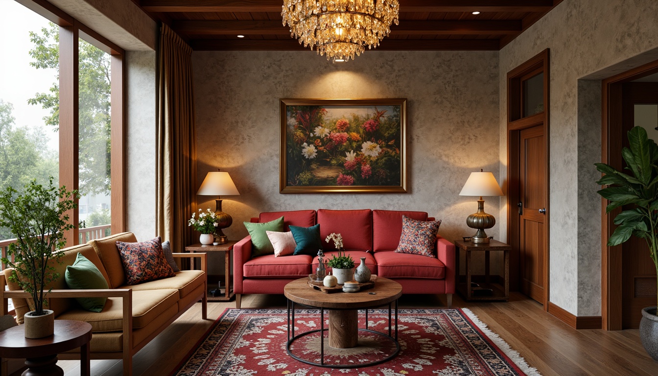 Prompt: Cozy living room, plush velvet sofa, ornate wooden coffee table, luxurious golden lampshades, vibrant colorful throw pillows, patterned Moroccan-inspired rugs, elegant crystal chandelier, textured stone walls, floor-to-ceiling windows, natural daylight, warm soft lighting, 1/2 composition, intimate atmosphere, realistic wood textures, subtle ambient occlusion.