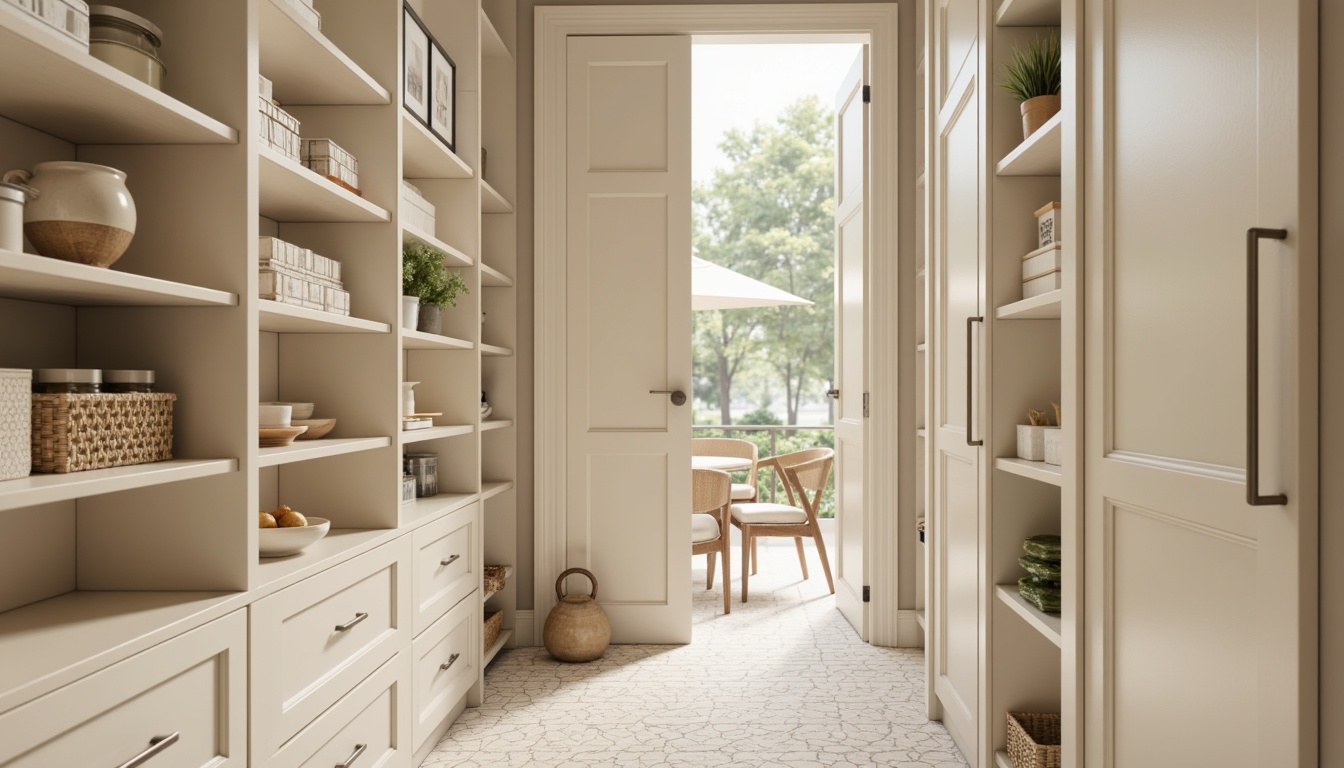 Prompt: Modern pantry, sleek cabinetry, polished chrome handles, minimalist shelving, porcelain floor tiles, hexagonal patterns, creamy white hues, warm ambient lighting, soft shadows, 3/4 composition, shallow depth of field, realistic textures, ambient occlusion.