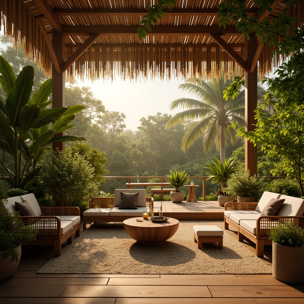 Prompt: Warm tropical ambiance, soft golden lighting, lush green foliage, exotic flowers, bamboo accents, natural wood textures, woven rattan furniture, vibrant color palette, beachy vibe, sunny day, shallow depth of field, 1/1 composition, realistic rendering, subtle misting effect, gentle breeze animation.