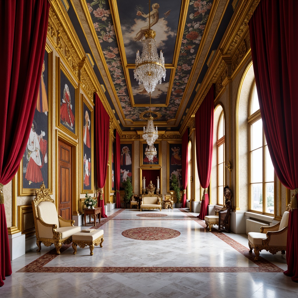 Prompt: Grandiose palace interior, rich velvet drapes, ornate golden frames, intricate marble flooring, lavish crystal chandeliers, regal throne-like furniture, majestic archways, ornamental fresco ceilings, gilded moldings, carved wooden panels, luxurious silk fabrics, vibrant colorful tapestries, dramatic lighting effects, shallow depth of field, 1/1 composition, realistic textures, ambient occlusion.