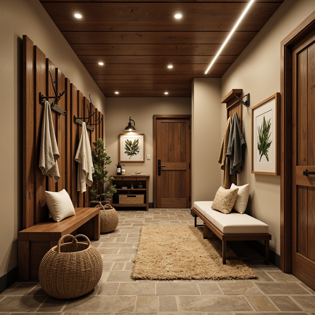 Prompt: Cozy mudroom, warm earthy tones, natural stone floors, wooden bench, woven baskets, rustic metal hooks, soft ambient lighting, warm white LED strips, recessed ceiling lights, pendant lamps, bronze fixtures, textured rugs, nature-inspired artwork, botanical prints, industrial-chic decor, rough-hewn wood accents, sliding barn doors, functional shelving units, warm beige walls, earthy scents, inviting atmosphere, dramatic shadows, high contrast ratio, 1/1 composition, realistic textures, ambient occlusion.