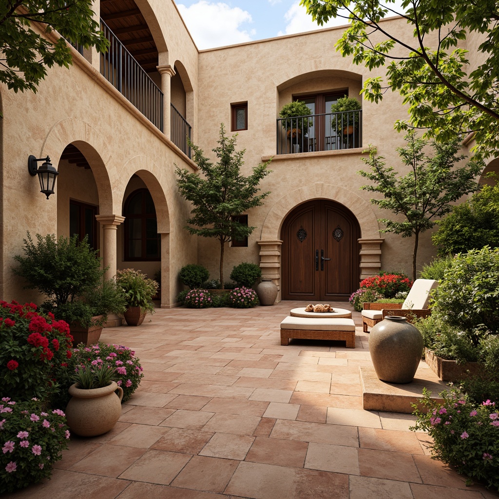 Prompt: Warm Mediterranean villa, textured stone walls, rustic terracotta tiles, lush greenery, vibrant bougainvillea flowers, wrought iron balconies, ornate wooden doors, curved archways, soft warm lighting, shallow depth of field, 3/4 composition, panoramic view, realistic textures, ambient occlusion, tranquil outdoor spaces, serene atmosphere, warm beige color palette, natural materials, earthy tones, decorative ceramic accents.