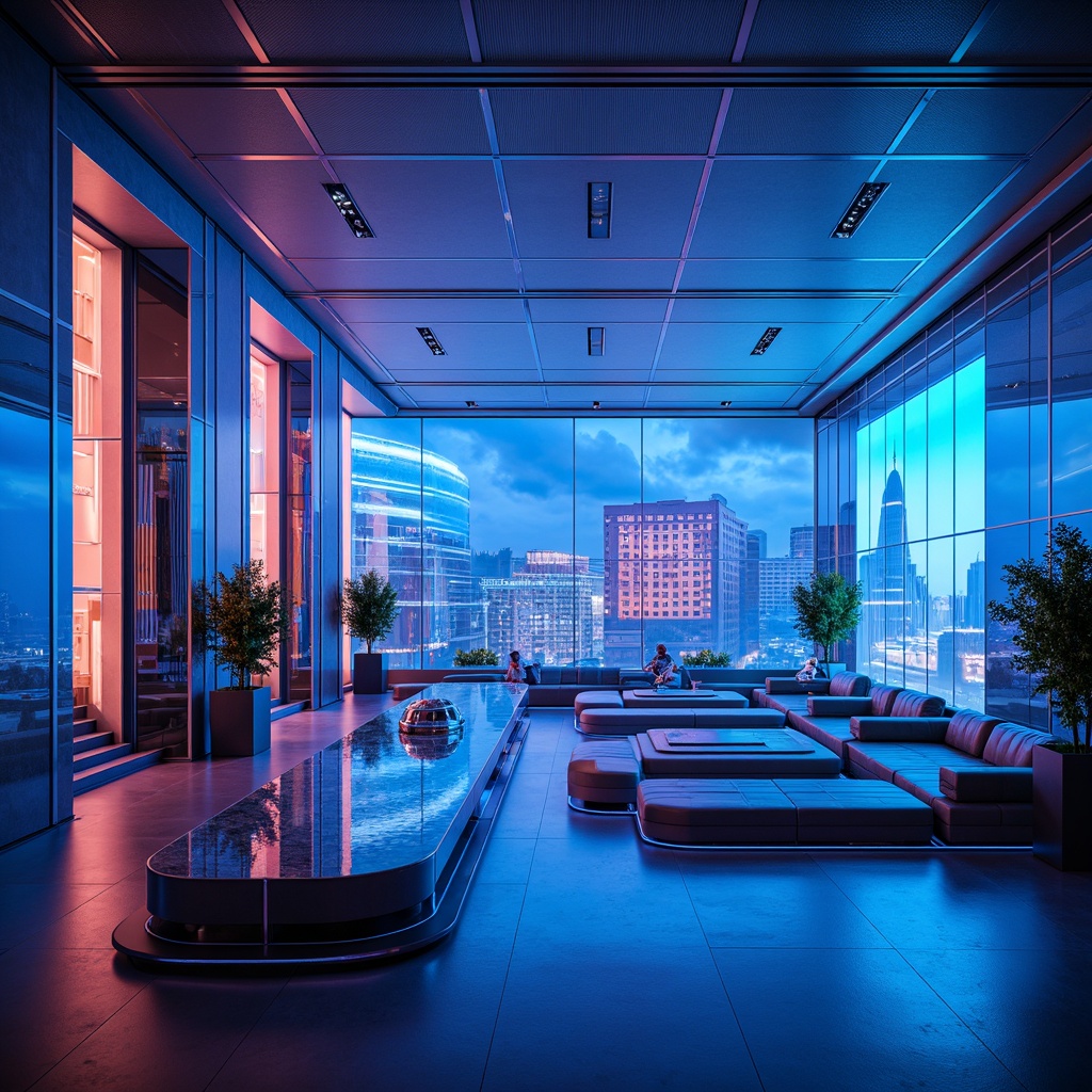 Prompt: Futuristic interior, neon-lit ambiance, sleek metallic accents, holographic displays, ambient occlusion, soft blue glow, LED light strips, fiber-optic installations, minimalist decor, low-poly furniture, polished chrome surfaces, iridescent glass tables, luminescent ceilings, atmospheric misting, futuristic cityscape views, abstract digital art, cyberpunk-inspired color scheme, high-tech gadgetry, virtual reality interfaces, avant-garde sculptures, dynamic LED floor patterns, immersive lighting experiences.