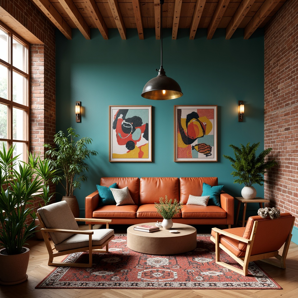 Prompt: Rich wood accents, earthy terracotta tones, bold geometric patterns, vibrant turquoise hues, eclectic mix of vintage and modern furniture, industrial metal decor, exposed brick walls, natural textiles, abstract artwork, statement lighting fixtures, cozy reading nooks, lush greenery, warm atmospheric lighting, shallow depth of field, 1/2 composition, realistic textures, ambient occlusion.