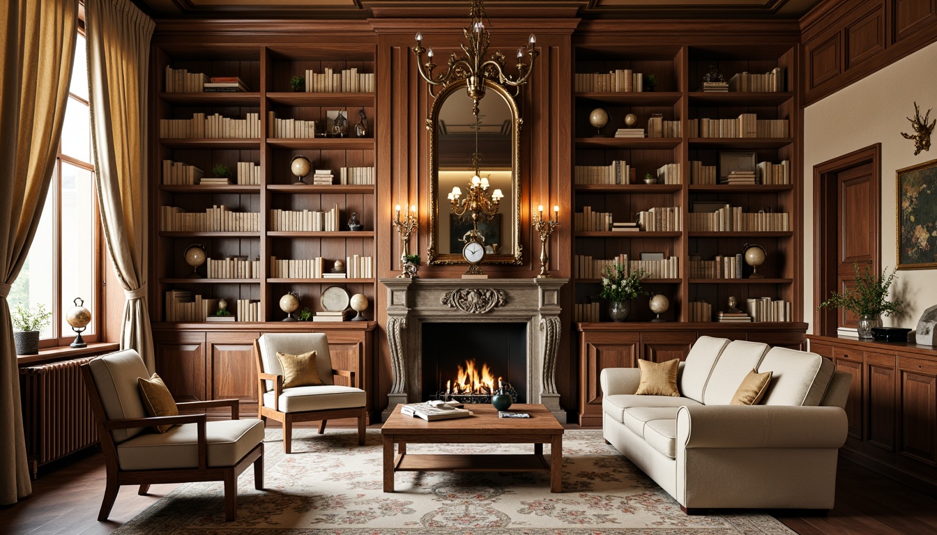 Prompt: Rustic library interior, wooden bookshelves, ornate mirrors, plush armchairs, velvet drapes, distressed leather sofas, vintage globes, antique clocks, soft golden lighting, warm beige walls, rich wood tones, elegant chandeliers, intricate carvings, French country patterns, Toile de Jouy fabrics, natural linen textures, soft pastel colors, cozy reading nooks, classic literature displays, quiet atmosphere, shallow depth of field, 1/2 composition, warm color palette.