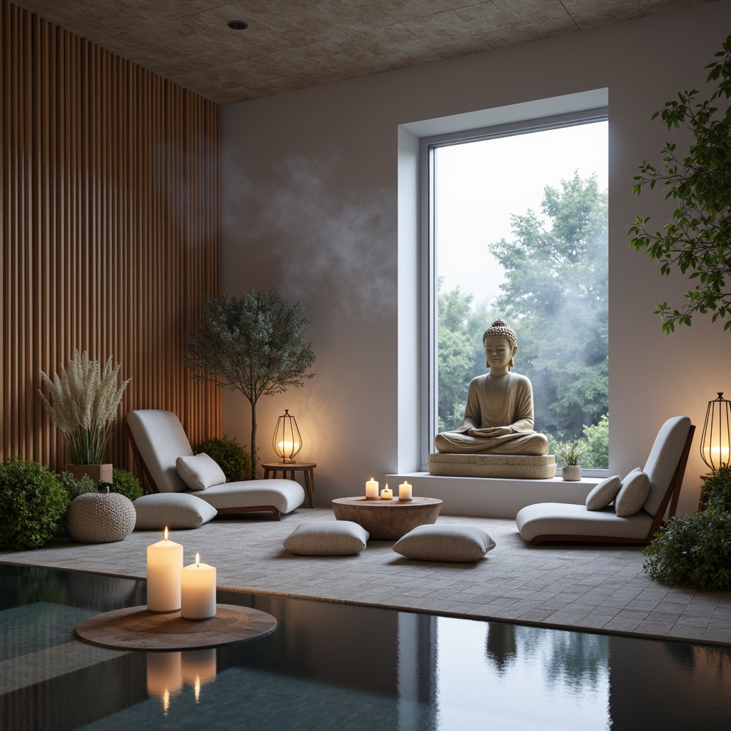 Prompt: Soothing meditation space, calming atmosphere, soft candlelight, gentle mist, serene water features, natural stone walls, wooden accents, minimalist decor, peaceful Buddha statues, subtle aromas, calming essential oils, lavender hues, pale blue tones, creamy whites, earthy browns, mossy greens, warm beige textures, gentle lighting, shallow depth of field, 1/1 composition, realistic rendering, ambient occlusion.