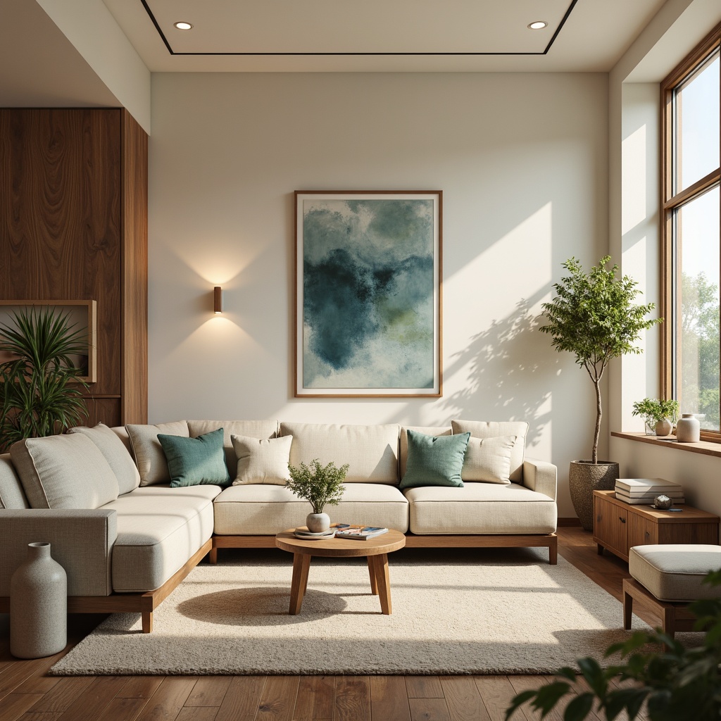 Prompt: Soothing living room, warm beige walls, soft cream furniture, rich walnut wood accents, velvety plush rugs, calming blue-green artwork, natural linen textiles, subtle gold metallic decor, ambient softbox lighting, cozy reading nook, comfortable sectional sofa, refreshing greenery, airy open spaces, harmonious color balance, 1/1 composition, shallow depth of field, realistic textures.